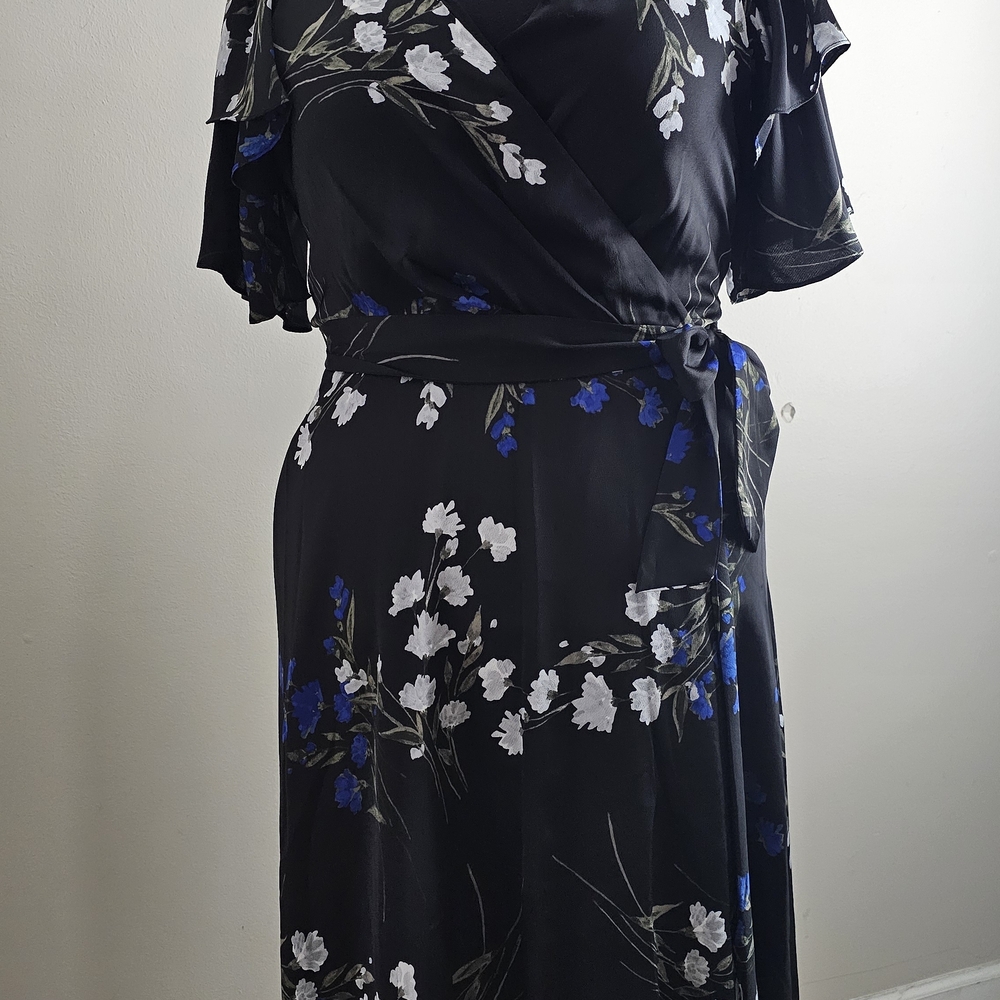 DKNY Black Floral Midi Dress with Blue and White Accents